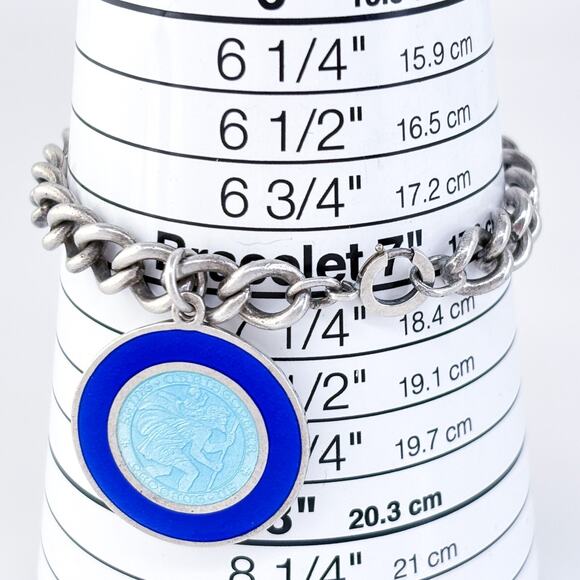 Vintage Sterling Silver 925 Blue St. Christopher Medal Charm Bracelet 7.5" - Picture 6 of 7
